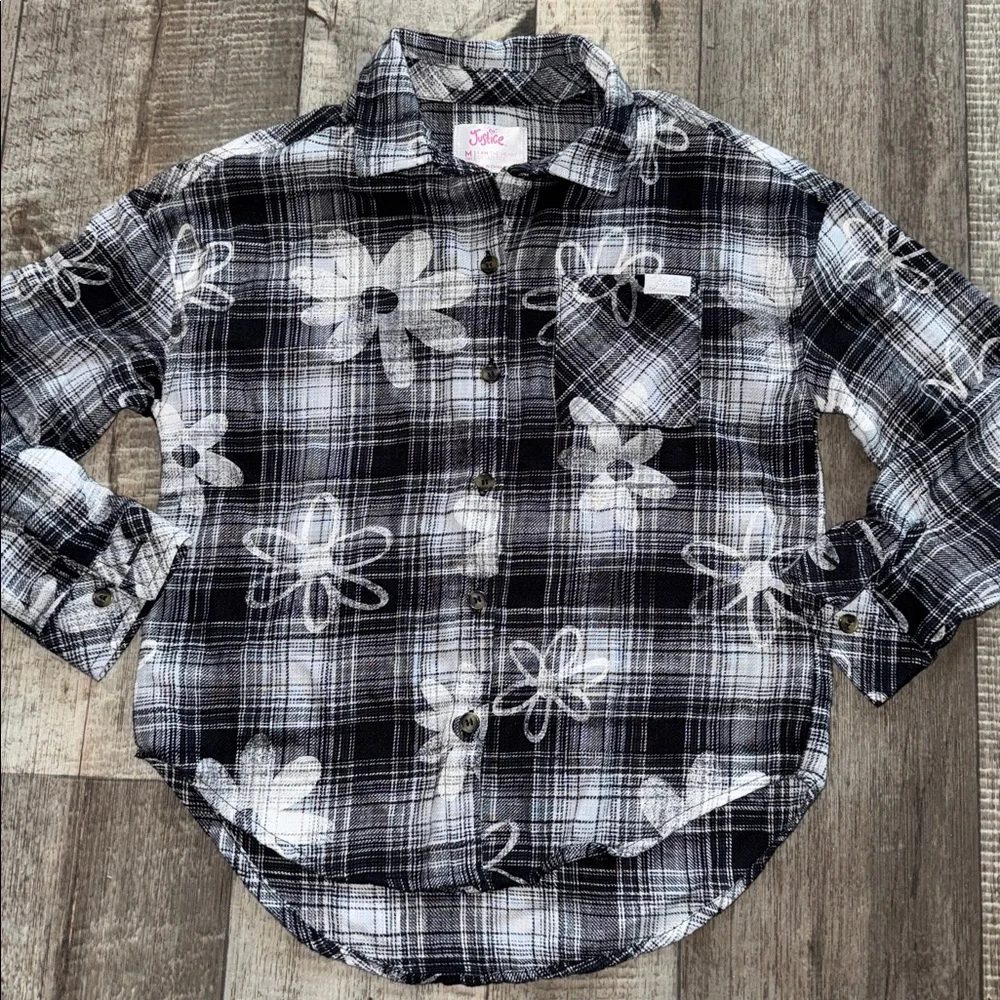 JUSTICE Black & White Plaid Button Down Shirt- size 10